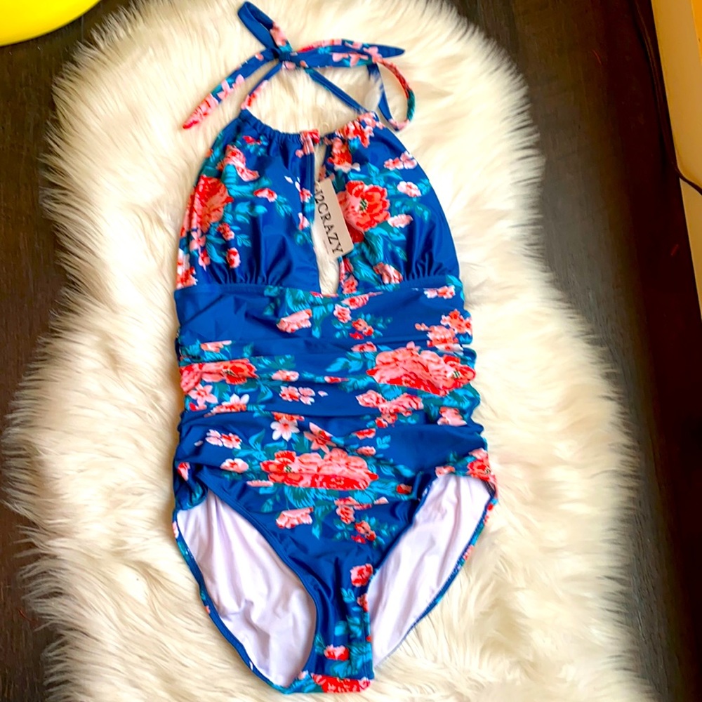 Floral Swim Suit High Neck Ruched NWT